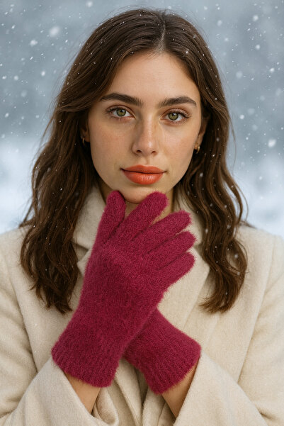 MEKİK BUTİK Women's Yumoş Plush Gloves - Cherry Color