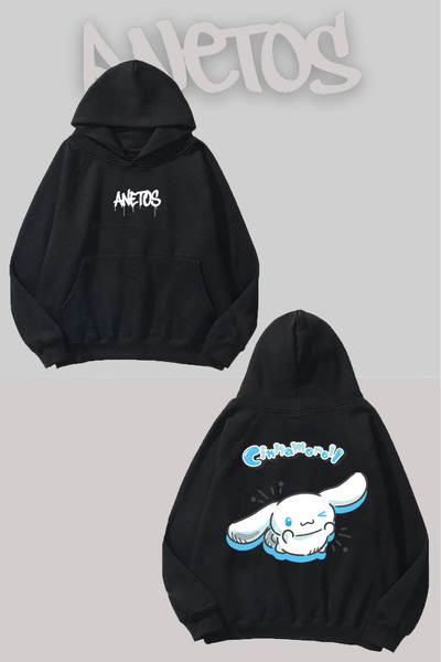 Anetos Cinnamorol 3 Свитшърт с качулка, с печат на гърба, черен