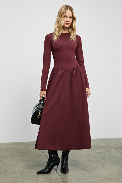 GRIMELANGE Pani Women's Maxi Length Skirt Part Woven Poplin Flared Top Part Stretchy Viscose Elastane Stylish Burgundy Dress