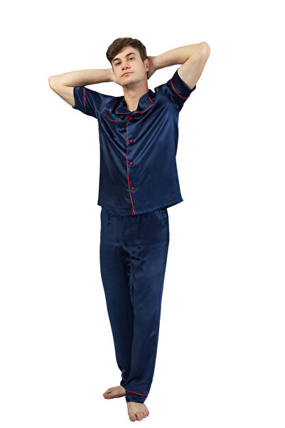 Katerinna Men's long pajamas made of 100% natural mulberry silk. Navy blue