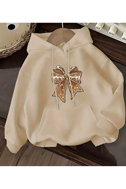 herkesemoda Hooded Sweatshirt with Ribbon Print Detail and Fleece Inside