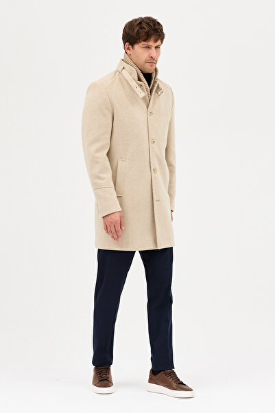 Frappoli Maxi Erkek Koyu Vizon Kaşe Kalın Kaban Palto Çıkma Ribana Yakalı Standart Fit