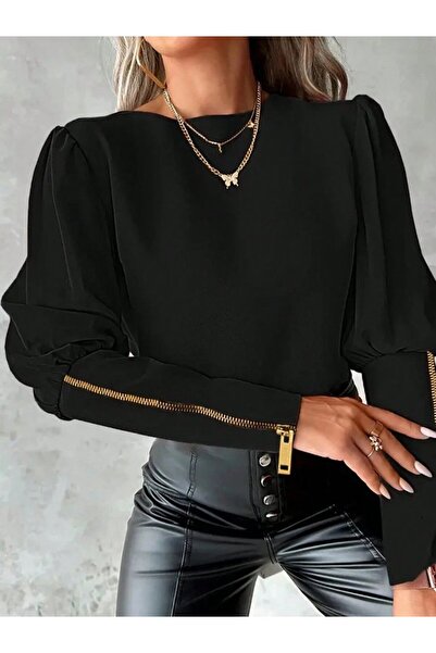 TUA MODA Tua Moda Women's Long Sleeve Crew Neck Zipper Detailed Imported Crepe Blouse