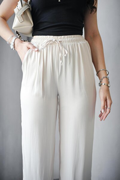 Hisleria High Waist Lace-Up Pocketed Satin Trousers - Cream