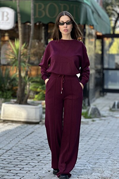 CurcunaShop Kadın Triko Kayık Yaka Kazak Çimalı Eşofman Takım