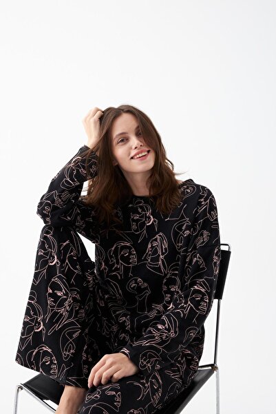 Akbeniz Women's Oversized Black Line Art Patterned Cotton Thick Pajamas Set