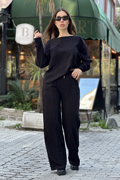 CurcunaShop Kadın Triko Kayık Yaka Kazak Çimalı Eşofman Takım