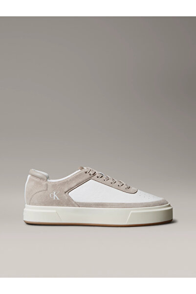 Calvin Klein Men's Low-Top High-Sole Breathable Upper Leather White-Brown Sneaker Ym0Ym01354