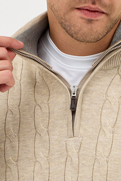 Frappoli Satka Men's Beige Thick Hair Knit Half Zipper Cotton Sweater