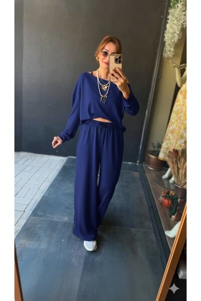 modaserdem Women's Long Sleeve One Shoulder Open Viscose Two Thread Blouse and Pants Two Piece Set