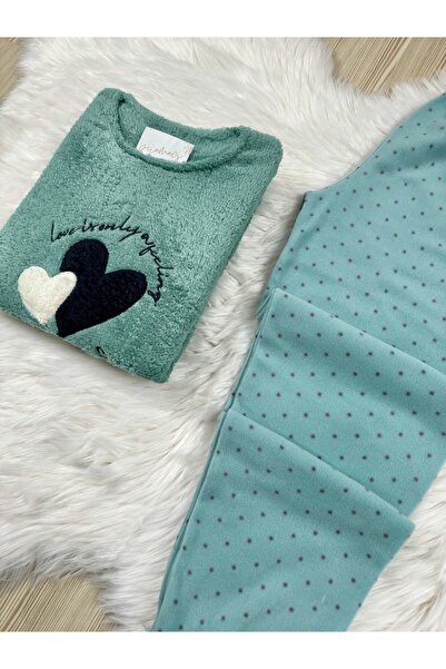 Pijamacs Green Polka Dot Patterned Fleece Pajama Set with Front Plush Detail