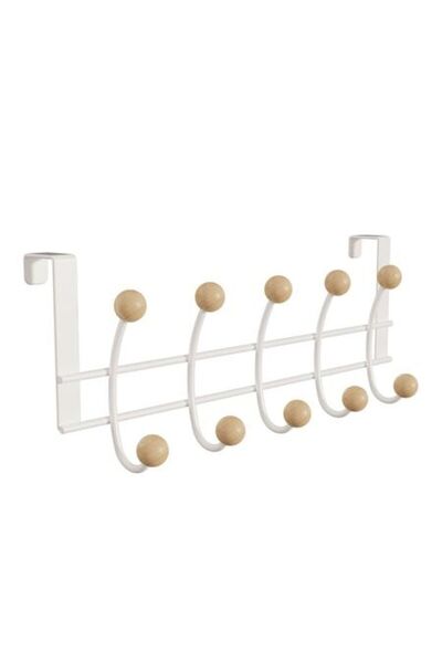 ANTBRO Cuier metalic alb pentru ușă cu 10 cârlige din lemn, 48 x 20 cm