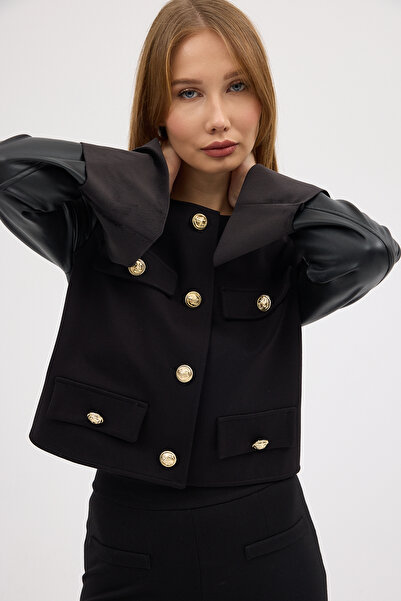 Laranor Black Gold Button Detailed Sleeves Leather Steel Mesh Jacket Cardigan Day Night Chic 25L8132