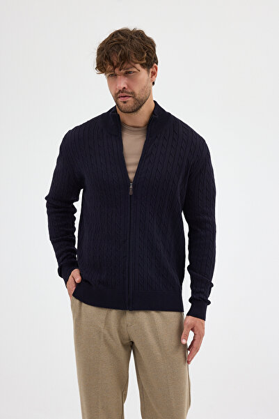 Frappoli Bernat Чоловічий синій светр з повним застібкою-блискавкою та плетеним візерунком з бавовни