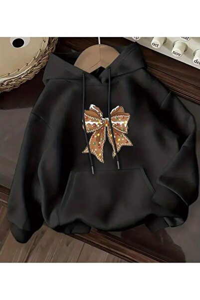 herkesemoda سويت شيرت بقلنسوة مع تفاصيل طباعة شريطية وبطانة من الصوف من الداخل