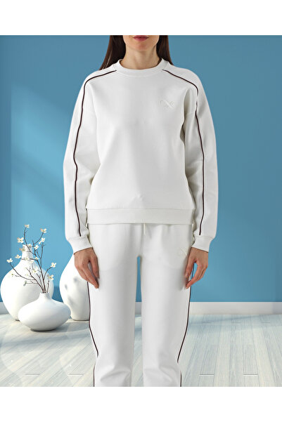 MinervaXint Women's Ecru Oversized Crew Neck Piped Detail Cotton Sweatshirt