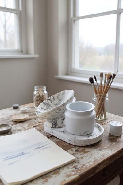 AkkayaConcept Mermer Desenli 2’li Banyo Seti – Sabunluk ve Diş Fırçalığı | Modern ve Şık Tasarım