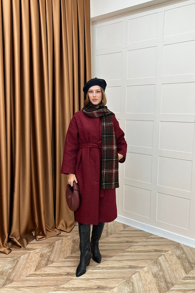 Stilife Duru Premium Kumaş Atkı Detay Kaban Bordo