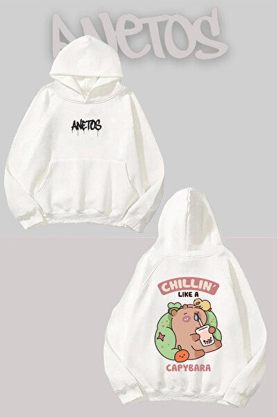 Anetos Chillin Like A Capybara Sırt cu imprimeu Alb cu glugă Swea tricou
