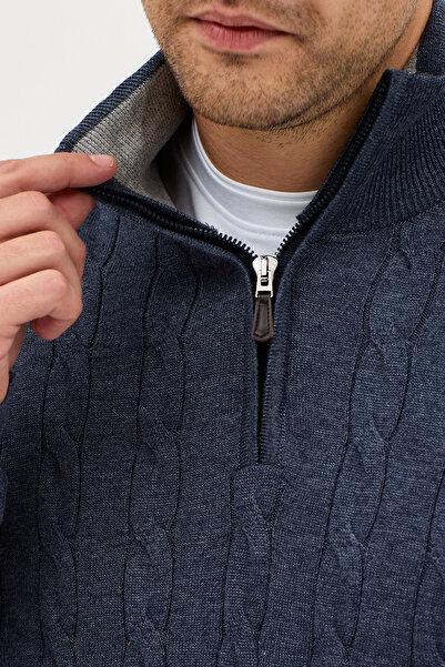 Frappoli Satka Men's Navy Blue-Melange Thick Hair Knit Half Zipper Cotton Sweater