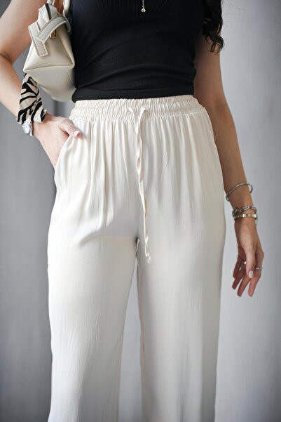 Hisleria High Waist Lace-Up Pocketed Satin Trousers - Cream