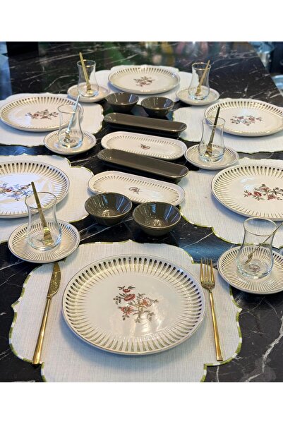 Onedekor 32 Parça Modern Asya Bloom Halo Altın Yaldızlı Kahvaltı Takımı