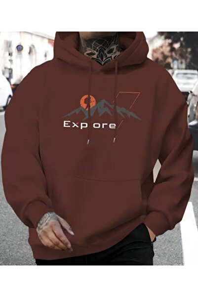 herkesemoda Expore K Hooded Sweatshirt with Text Detail and Fleece Inside