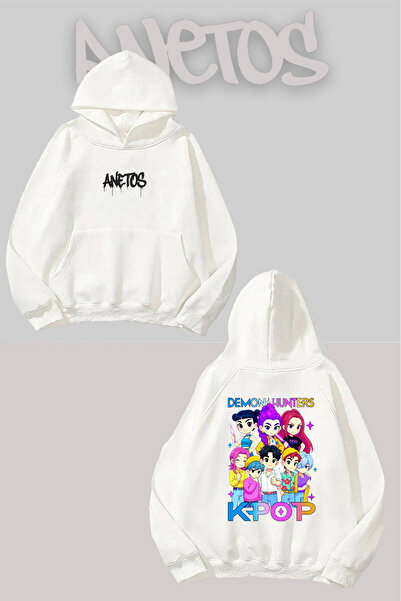 Anetos Kpop Demon Hunters Spate cu imprimeu Alb cu glugă Swea tricou
