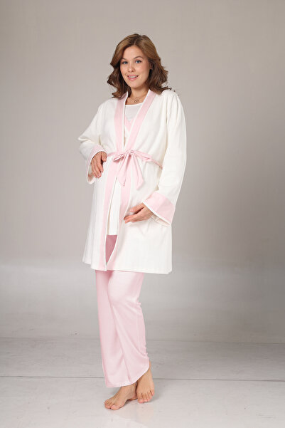 Lohusa Homewear Kadın Pudra Kışlık Özel Tasarım Lohusa Hamile Sabahlık Pijama Takımı 3'lü Set