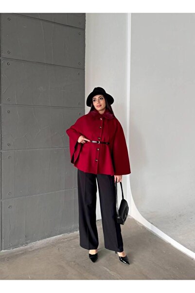 maf collection Women's Red Fur Collar Button and Belt Detail Poncho