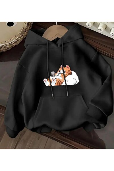 herkesemoda سويت شيرت K بغطاء رأس بطباعة قطة لطيفة وتفاصيل داخلية من الصوف