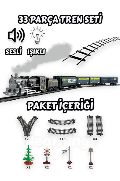 YILDIRIM OYUNCAK Oyuncak 33 Parça Sesli Işıklı Raylı Ağaçlı Trafik Levhalı Tankerli Yüklü Classic Tren Seti