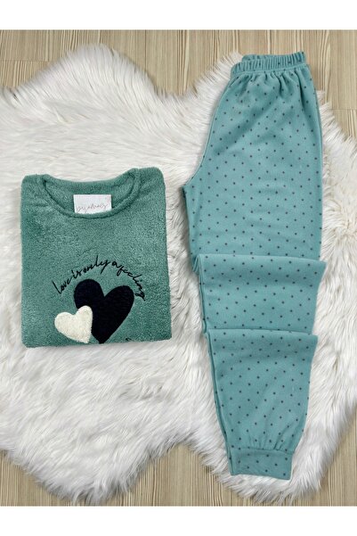 Pijamacs Green Polka Dot Patterned Fleece Pajama Set with Front Plush Detail