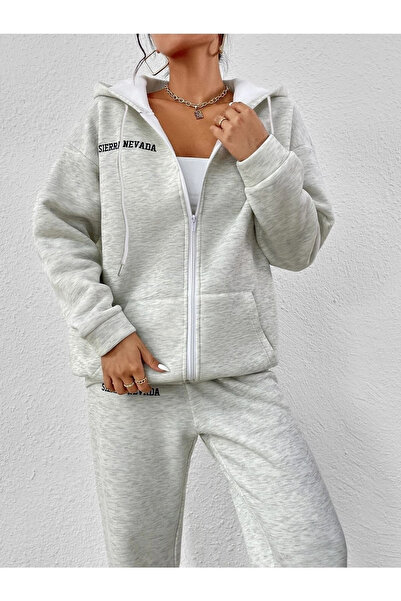 Harmandar Sierra Nevada Winter Cardigan Sweatpants Bottom Top Set - Gray Printed Zippered Oversize Hoodie