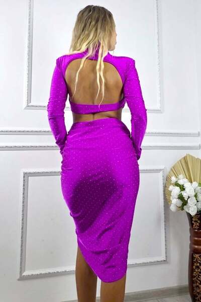 FashionForYou NYVARA asymmetrical dress, cut out, high collar and bare back, Magenta, Size S/M