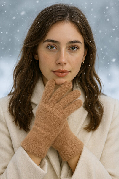 MEKİK BUTİK Beige Women's Soft Plush Gloves
