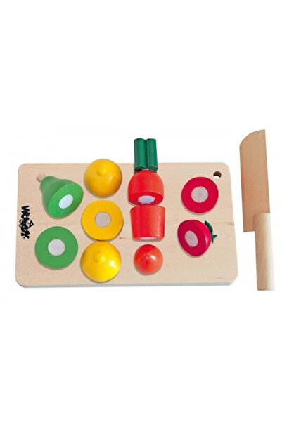 Woodyland Set Legume si fructe feliate din lemn cu tocator si cutit 6 piese