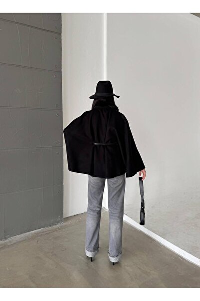 maf collection Women's Black Fur Collar Button and Belt Detail Poncho