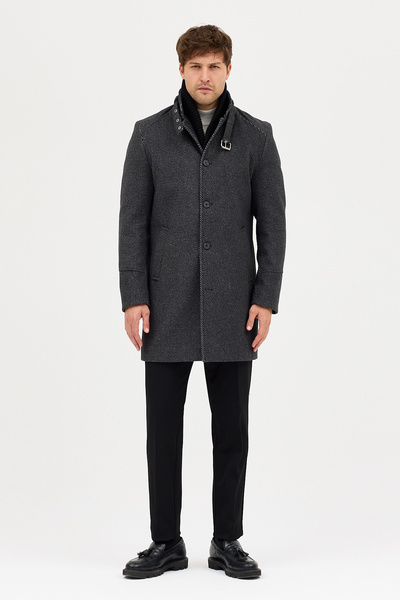 Frappoli Maxi Ανδρικό Παλτό Μαύρο-Γκρι Κασετέντο Χοντρό Παλτό με Ριμπάνα Κολάρο Standard Fit