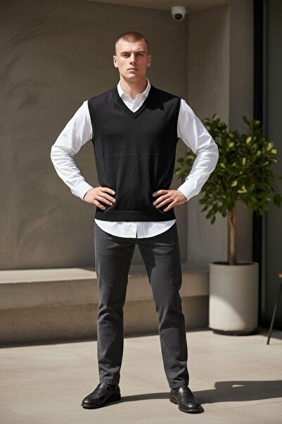 GÖMLEK GALERİSİ Men's Regular Fit Plain V-Neck Sweater Wool Knitwear Pullover