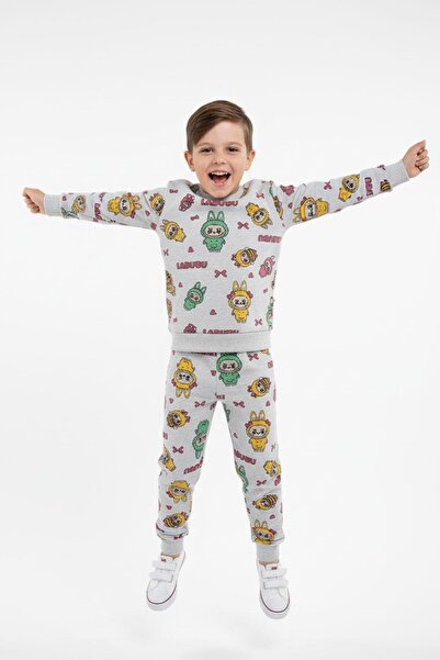 NEWKİDS Patterned Transitional 2 Thread Ş Fleece-Lined Unisex Children's Tracksuit Set (1 Size Larger Can Be Chosen)