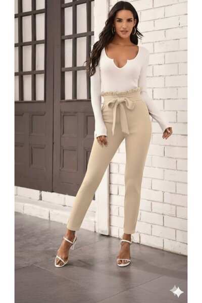 buğrahayalin Women's High Waist Ruffled Front Tie Imported Crepe Pants