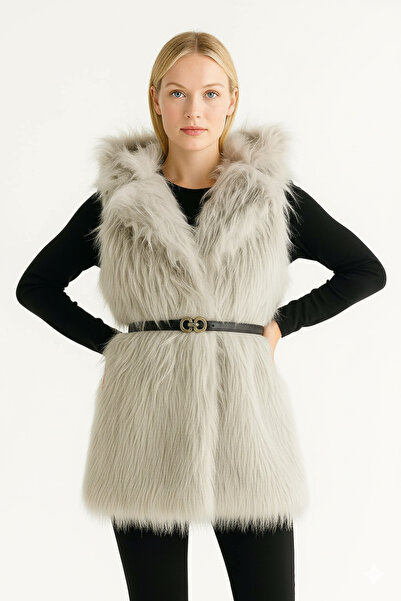 SUN STYLE Stylish Lolita Fur Long Vest with Belt & Button Closure Detail