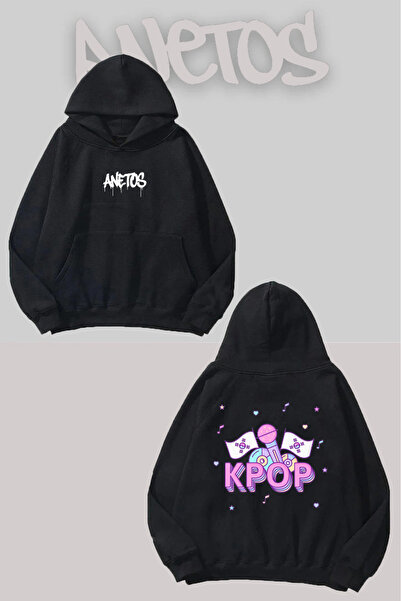 Anetos Kpop Korea Rucsac cu imprimeu Negru cu glugă Swea tricou
