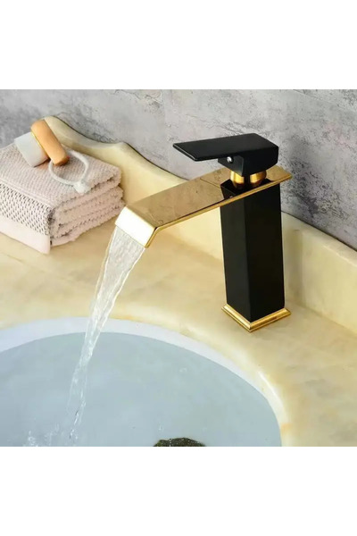 OEM Bathroom Sink Faucet, Waterfall Type, Single Lever, Connections Included, Stainless Steel, Black-Gold
