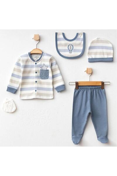 Aziz Bebe 100% Cotton Baby Boy 5-Piece Hospital Release Indigo Azz.İndg.5344