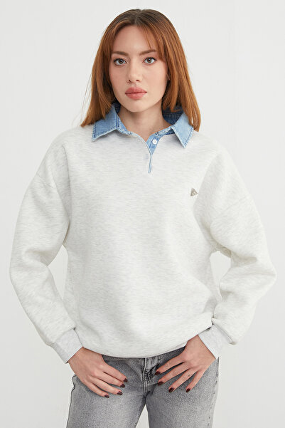 Fulla Moda 3 İplik Kot g Paneled Sweatshirt with Metal Accessories