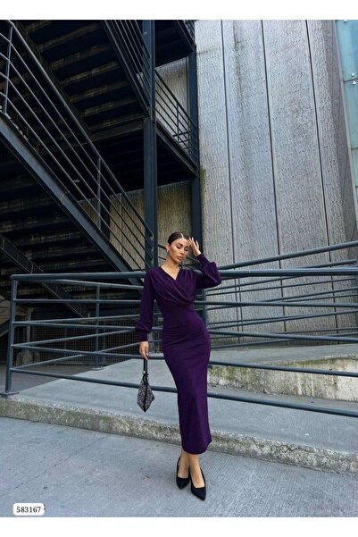 Modafeminen Double-Breasted Collar Long Sleeve Glitter Midi Dress 583167 Purple