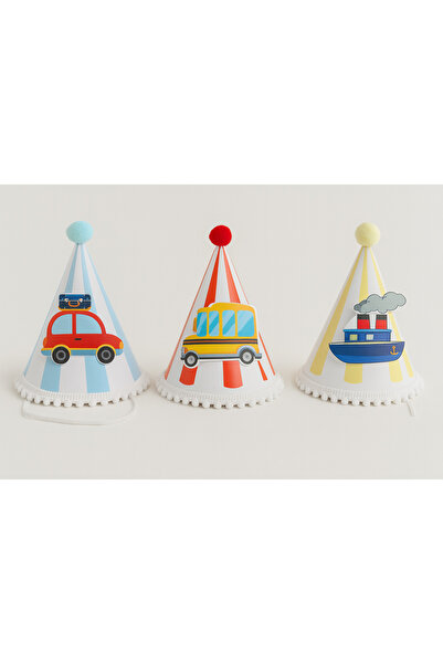 Partifabrik Taşıtlar Temalı Renkli karton Parti Şapkası 3 Adet 17 cm yükseklik