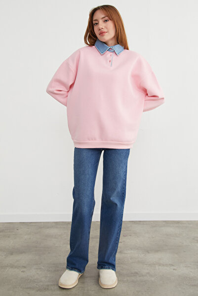 Fulla Moda 3 İplik Kot Garnili Gömlek Yaka Oversize Sweatshirt